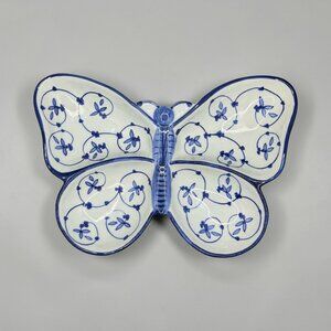 Ceramic Hand-Painted Butterfly Dish With Blue Floral Design